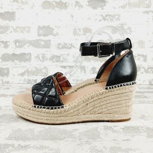 NEW Nordstrom Carmen Black Leather Slip On Buckle Ankle Strap Wedge Sandals E936